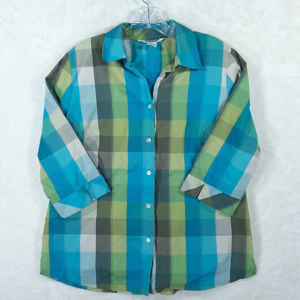Alia Sport Womens 12 Teal‎ Green Plaid Button Blouse 3/4 Sleeve Cotton Polyester